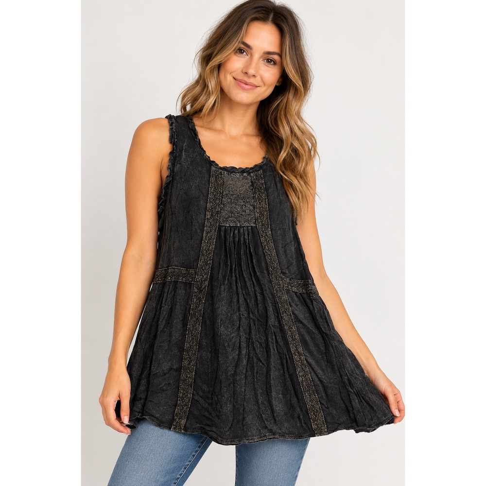 POL Sleeveless Top Womens Small Black Mineral Wash Crochet Lace Babydoll LWT38